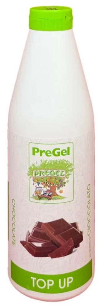 Front of PreGel chocolate dessert topping bottle, 1 kg size, showing the label and the dark brown cocoa sauce inside.