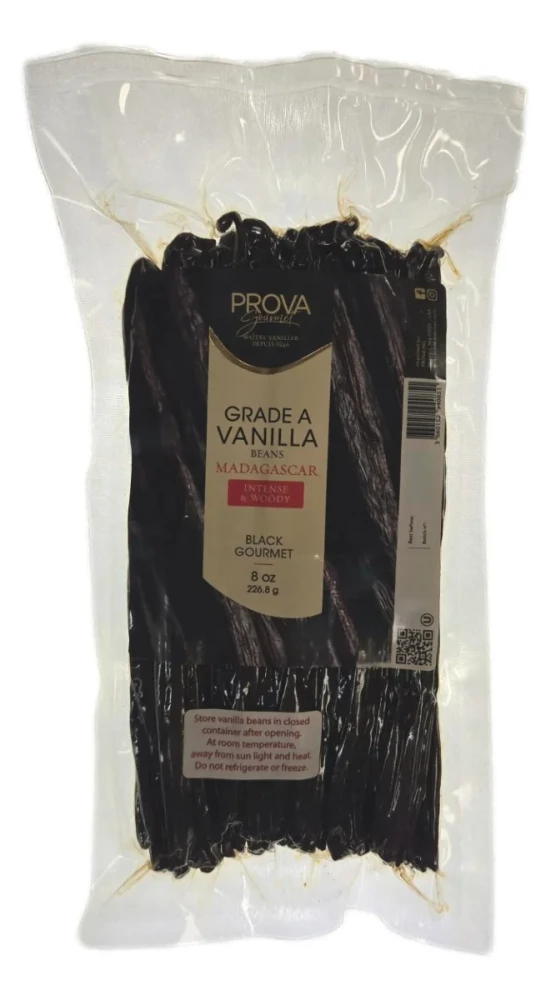 Vacuum sealed bag of Prova Gourmet Grade A Madagascar vanilla beans, 8 oz, showing the glossy black brown whole pods and French brand label.