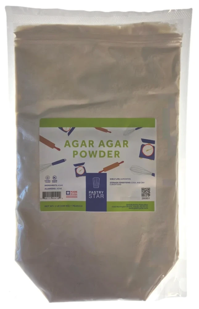 Front of Pastry Star Agar Agar Powder silver resealable pouch, 1 lb size, showing the green and white label for the off white gelling powder.