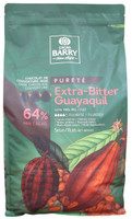 Front of Cacao Barry Guayaquil dark chocolate pistoles bag, 11 lbs, showing the label with the 64% cocoa recipe and French branding.