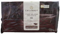 Front of Callebaut 811 dark chocolate block, 11 lbs, showing the wrapped block with the Callebaut label and 54.5% cocoa recipe.