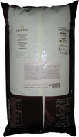Back of Callebaut 60-40 dark chocolate callets bag, 22 lbs, showing the ingredient panel, nutrition information, and storage instructions.