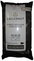Front of Callebaut 60-40 dark chocolate callets bag, 22 lbs, showing the dark brown product label with the Belgian Callebaut branding.