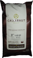 Front of Callebaut L-60-40 dark chocolate callets bag, 22 lbs, showing the Callebaut label with the 60.6% cocoa recipe and Belgian branding.