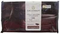 Front of Callebaut C811 dark chocolate block, 11 lbs, showing the wrapped block with the Callebaut label and 53.1% cocoa recipe.