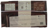 Back of Callebaut C823 milk chocolate block wrapper, 11 lbs, showing the ingredient panel, nutrition information, and storage guidance.
