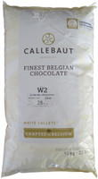 Front of Callebaut W2 white chocolate callets bag, 22 lbs, showing the cream label with the 28% recipe and Belgian Callebaut branding.