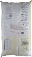 Back of Callebaut W2 white chocolate callets bag, 22 lbs, showing the ingredient panel, nutrition information, and storage guidance.
