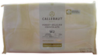 Front of Callebaut W2 white chocolate block, 11 lbs, showing the wrapped block with the Callebaut label and 28% recipe.