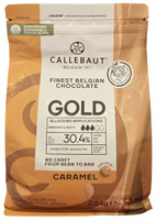 Front of Callebaut Gold caramel chocolate callets bag, 5.5 lbs, showing the gold label with the 30.4% recipe and Belgian branding.