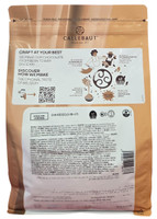 Back of Callebaut Gold caramel chocolate callets bag, 5.5 lbs, showing the ingredient panel, nutrition information, and storage guidance.