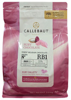 Front of Callebaut Ruby RB2 chocolate callets bag, 5.5 lbs, showing the pink label with the ruby recipe and Belgian Callebaut branding.