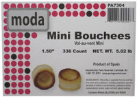Closeup of the Moda Bouchees pastry shell label, 1.5 inch size, showing the product name, Spanish origin, and golden puff pastry photo.