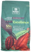 Front of Cacao Barry Excellence dark chocolate pistoles bag, 11 lbs, showing the label with the 55% cocoa recipe and French branding.