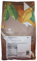 Back of Cacao Barry Zephyr white chocolate pistoles bag, 11 lbs, showing the ingredient panel, nutrition information, and storage guidance.