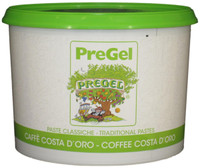 Front of PreGel Caffe Costa d'Oro espresso gelato flavoring paste bucket, 6.6 lb size, showing the brown product label and Italian branding.