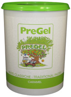 Front of PreGel Dark Caramel flavoring paste bucket, 13.2 lb size, showing the product label and Italian branding.