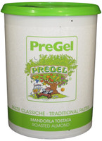 Front of PreGel Roasted Almond gelato flavoring paste bucket, 13.2 lb size, showing the product label and Italian branding.