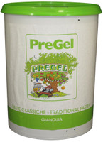 Front of PreGel Gianduia dark chocolate hazelnut flavoring paste bucket, 13.2 lb size, showing the brown product label and Italian branding.