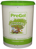 Front of PreGel Caramao Mou butterscotch gelato flavoring paste bucket, 13.2 lb size, showing the product label and Italian branding.