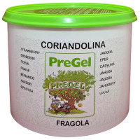 Front of PreGel Coriandolina Fragola strawberry hard shell coating bucket, 6.6 lb size, displaying the product label with the pink strawberry flavor and Italian branding.