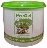 Front of PreGel Passion Fruit Fortefrutto gelato flavoring paste bucket, 6.6 lb size, showing the yellow-orange product label and Italian branding.