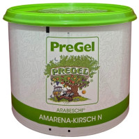 Front of PreGel Amarena Cherry Pieces in Kirsch Arabeschi bucket, 6.6 lb size, showing the product label and Italian branding.
