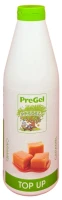 Front of PreGel caramel dessert topping bottle, 1 kg size, showing the label and the dark brown caramel sauce inside.