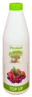 Front of PreGel forest berries dessert topping bottle, 2.2 lb size, showing the label and the deep red berry sauce inside.