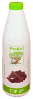 Front of PreGel chocolate dessert topping bottle, 1 kg size, showing the label and the dark brown cocoa sauce inside.