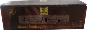 Front of Cacao Barry chocolate baking batons box, 300 count, 3.6 lb size, showing the brand label and semi-sweet chocolate sticks.