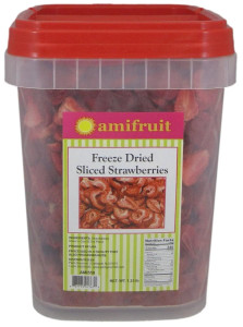 Amifruit Freeze Dried Strawberry Slices, a 1.25 lb pail of crisp sliced strawberries for granolas, ice creams, confectionery, and rehydrated pastry fillings.