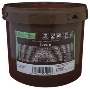 Cacao Barry Pate a Glacer Ivoire white chocolate compound pail, 11 lbs, showing the label with French branding and the ivory coating.