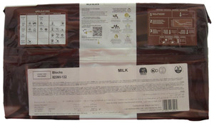 Back of Callebaut 823 milk chocolate block wrapper, 11 lbs, showing the ingredient panel, nutrition information, and storage guidance.