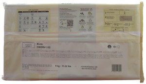 Back of Callebaut CW2 white chocolate block wrapper, 11 lbs, showing the ingredient panel, nutrition information, and storage guidance.