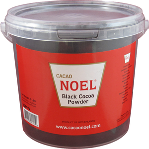Front of Cacao Noel black cocoa powder tub, 3 lbs, showing the label with Cacao Noel branding and the deep black alkalized cocoa.