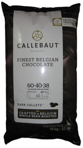 Front of Callebaut 60-40 dark chocolate callets bag, 22 lbs, showing the dark brown product label with the Belgian Callebaut branding.
