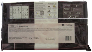 Back of Callebaut L-60-40 dark chocolate block wrapper, 11 lbs, showing the ingredient panel, nutrition information, and storage guidance.