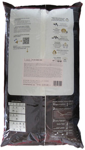 Back of Callebaut 70-30-38 dark chocolate callets bag, 22 lbs, showing the ingredient panel, nutrition information, and storage guidance.