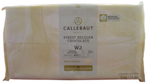 Front of Callebaut W2 white chocolate block, 11 lbs, showing the wrapped block with the Callebaut label and 28% recipe.