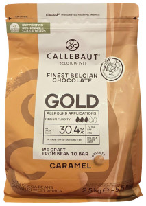 Front of Callebaut Gold caramel chocolate callets bag, 5.5 lbs, showing the gold label with the 30.4% recipe and Belgian branding.