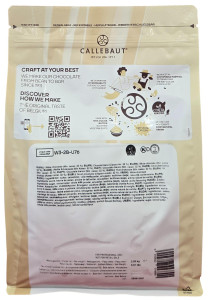 Back of Callebaut Velvet white chocolate callets bag, 5.5 lbs, showing the ingredient panel, nutrition information, and storage guidance.