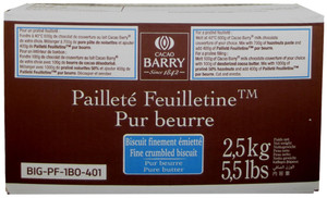 Front of Cacao Barry Paillete Feuilletine box, 5.5 lbs, showing the label with French branding and the golden crispy wafer flakes.