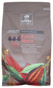 Front of Cacao Barry Force Noire dark chocolate pistoles bag, 11 lbs, showing the label with the 50% cocoa recipe and French branding.