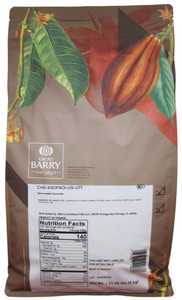 Back of Cacao Barry Force Noire dark chocolate pistoles bag, 11 lbs, showing the ingredient panel, nutrition information, and storage guidance.