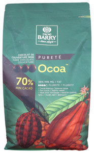 Front of Cacao Barry Ocoa dark chocolate pistoles bag, 11 lbs, showing the label with the 70% cocoa recipe and French branding.