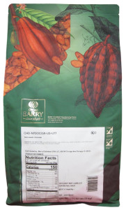 Back of Cacao Barry Ocoa dark chocolate pistoles bag, 11 lbs, showing the ingredient panel, nutrition information, and storage guidance.