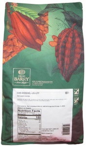 Back of Cacao Barry Excellence dark chocolate pistoles bag, 11 lbs, showing the ingredient panel, nutrition information, and storage guidance.