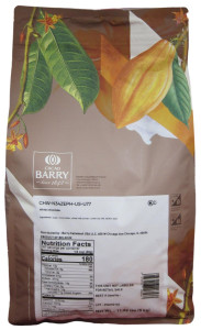Back of Cacao Barry Zephyr white chocolate pistoles bag, 11 lbs, showing the ingredient panel, nutrition information, and storage guidance.