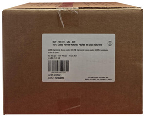Callebaut 10/12 natural cocoa powder case, 16 lbs, holding four 4 lb bags of non alkalized cocoa powder.